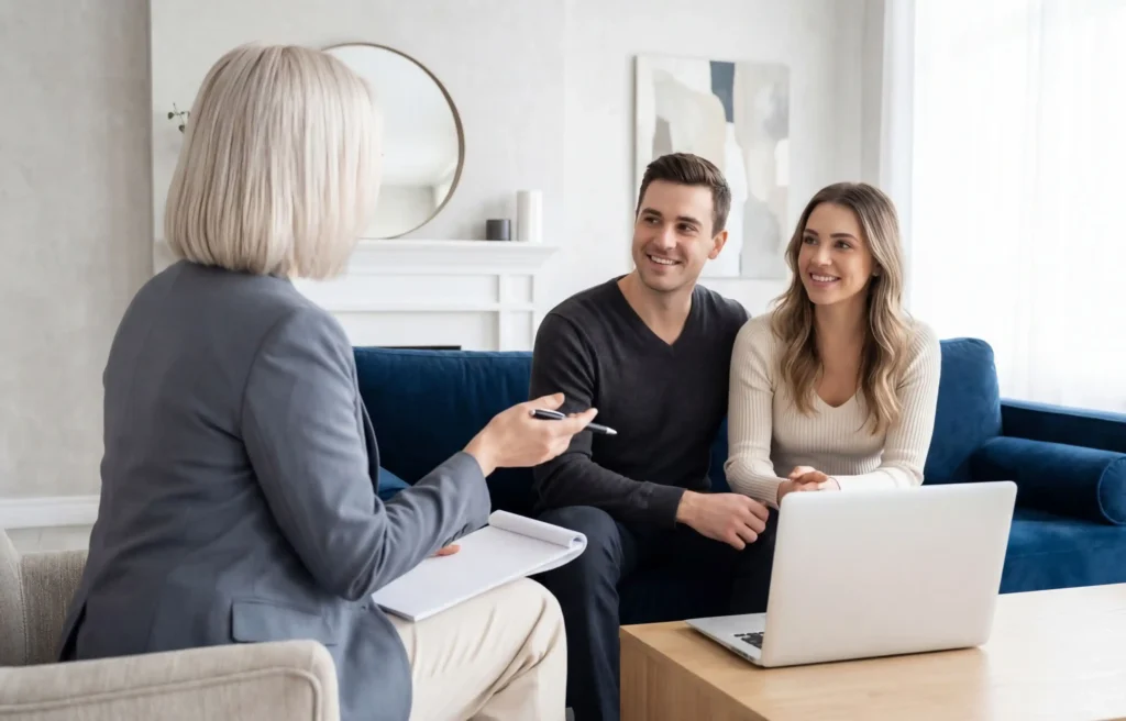 Couple discussing mortgage vs. renting with a financial advisor while reviewing housing costs on a laptop.