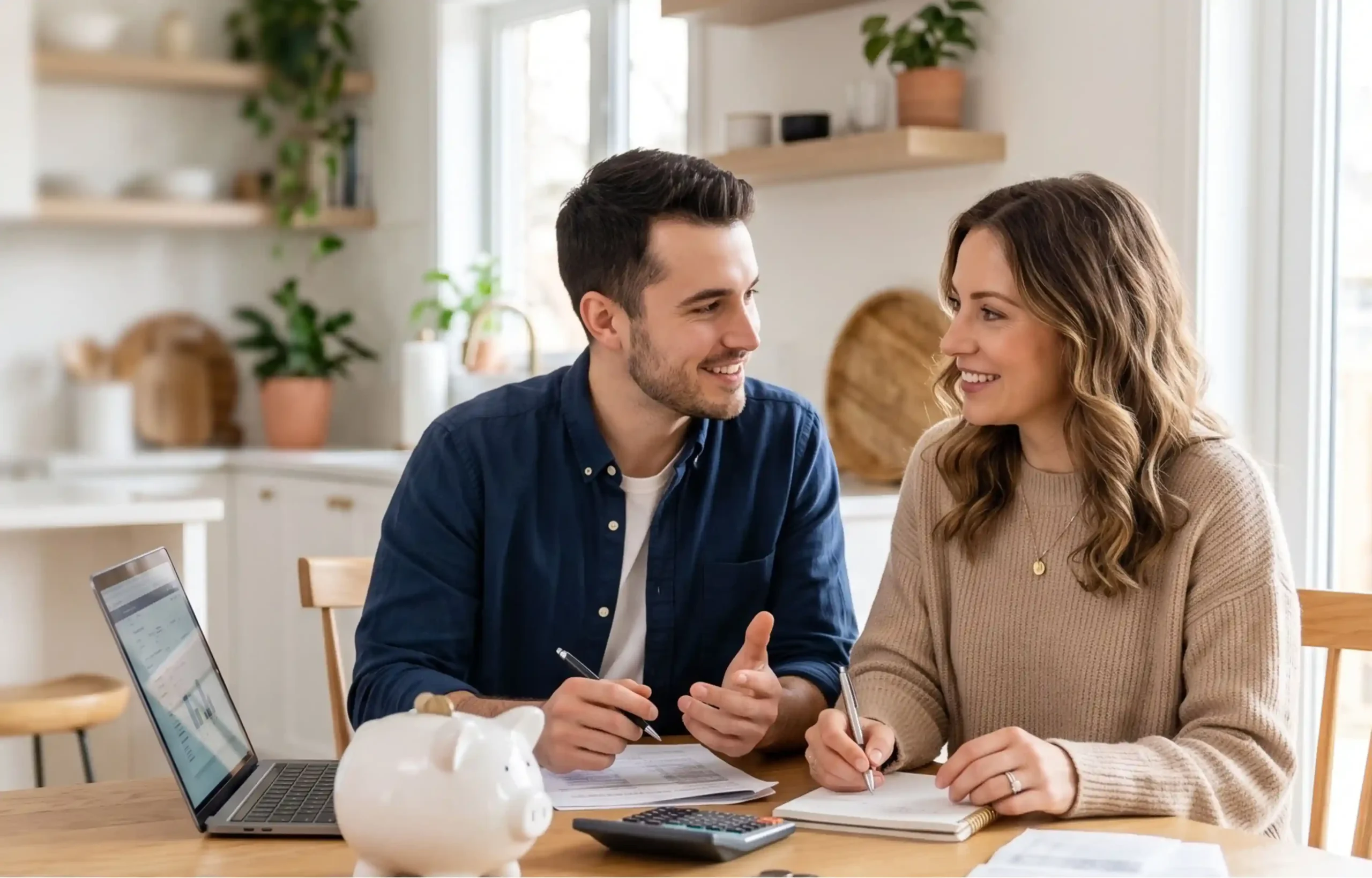 Couple planning their moving budget with a laptop, calculator, and piggy bank at home.
