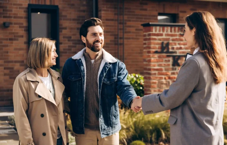 Couple shaking hands with a real estate agent outside a home after discussing their property purchase.