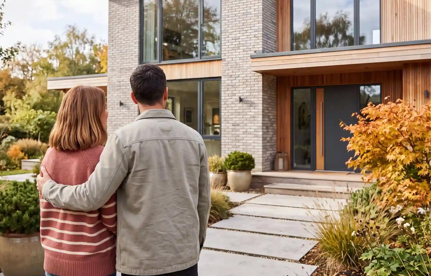 Couple standing outside a modern home after relocating, looking at their new property.