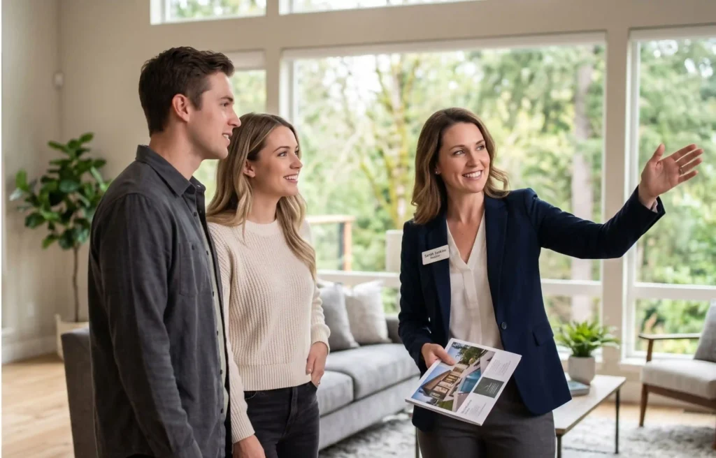 Couple touring a bright home with a real estate agent during their home-buying timeline after relocation.