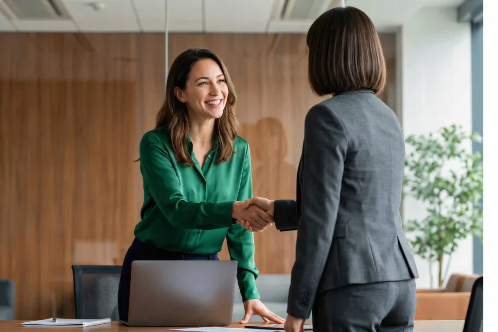 HR professionals shaking hands after discussing a corporate relocation tier structure.