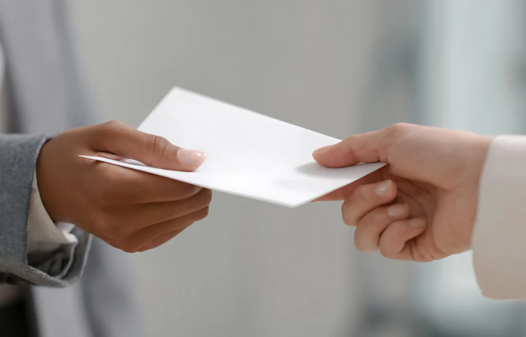 One person handing a white envelope to another, symbolizing a relocate or resign decision or employment separation.
