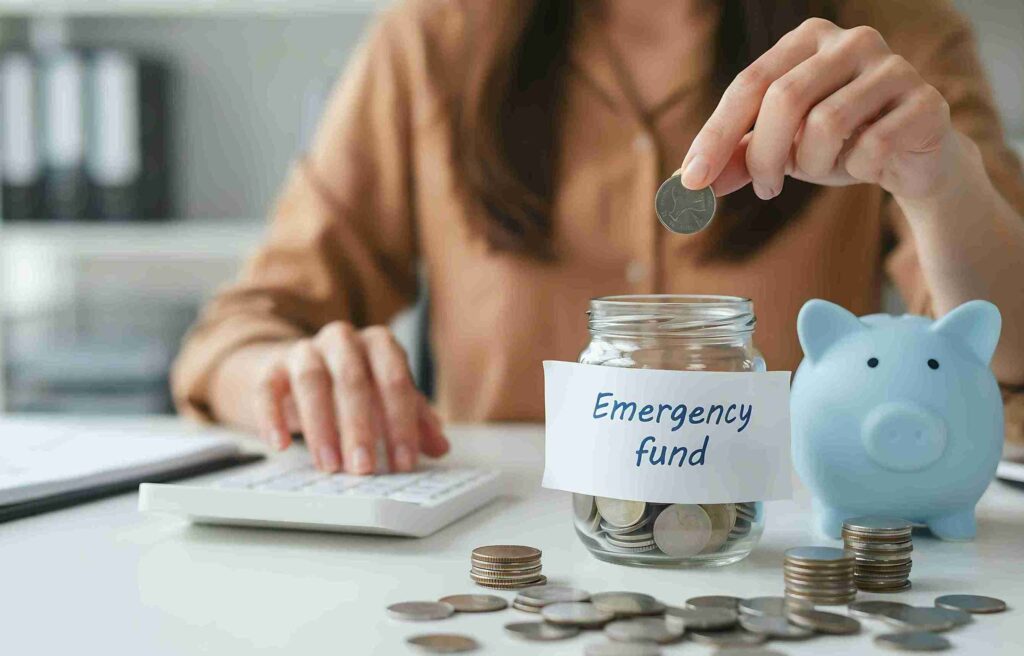 Person saving coins in an relocation emergency fund jar beside a blue piggy bank and calculator.
