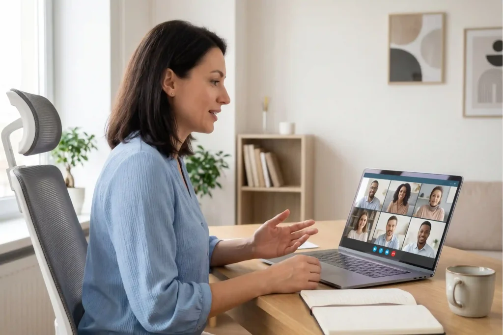 Remote employee relocation with a worker joining a virtual team meeting from a home office.