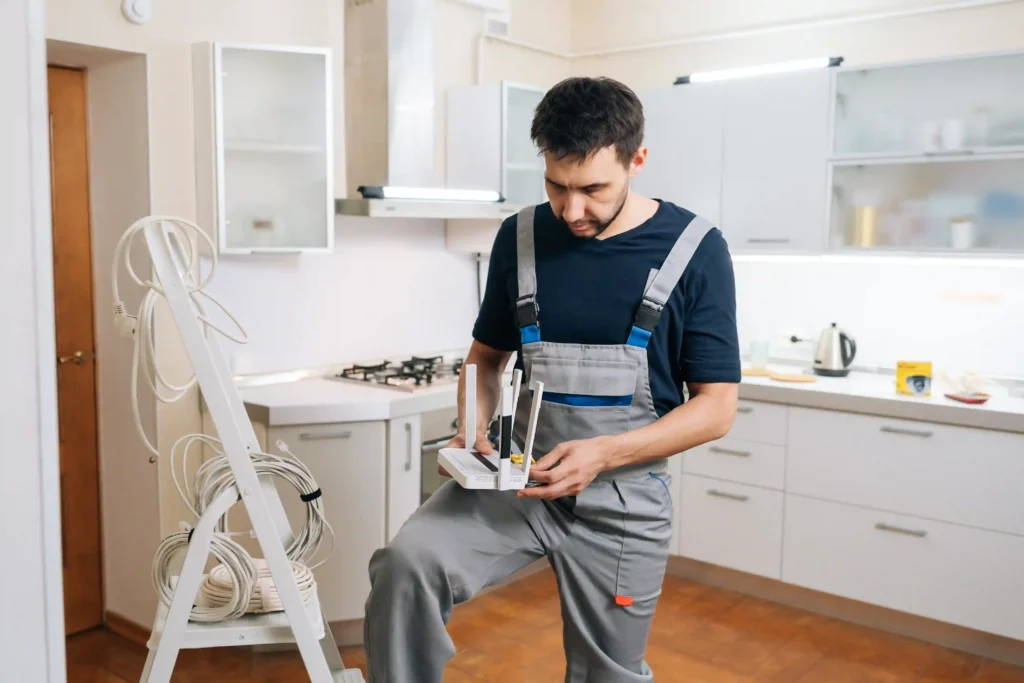 Technician setting up a Wi-Fi router during utility setup after relocation in a new home.