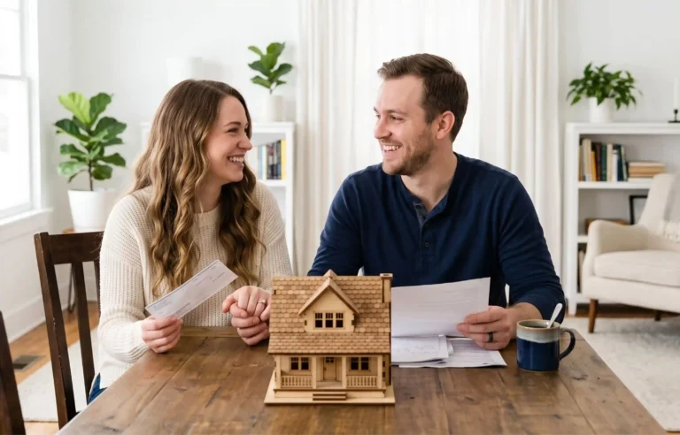 Couple discussing home expenses and paperwork at a table with a model house.