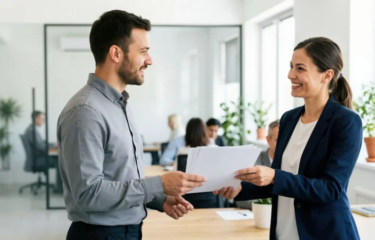 Employee transferring documents to a manager during an office handover.