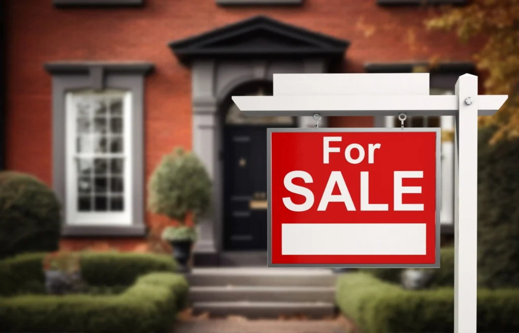 For Sale sign outside a suburban home illustrating BVO vs. GBO corporate relocation home sale programs.