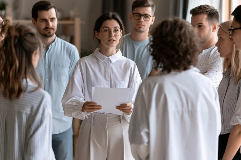 HR manager announcing a company relocation plan to employees during a team meeting.