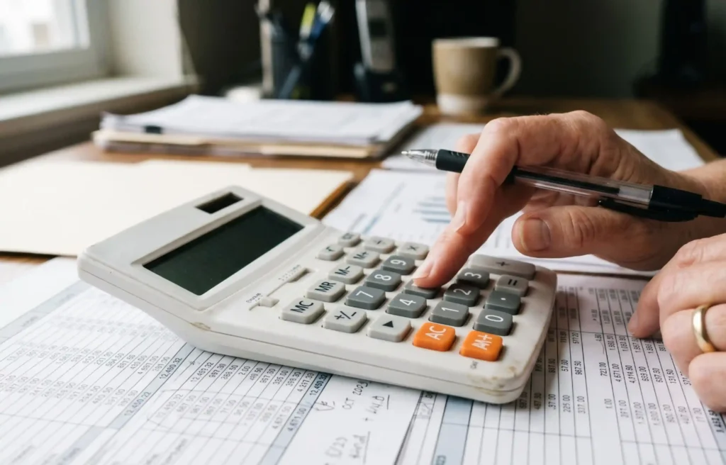 Hand using a calculator for mobility cost control and reviewing relocation budget documents.
