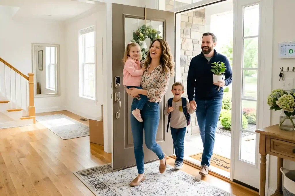 Happy family of four entering their new home, illustrating family relocation benefits and support under a repeat relocation policy.