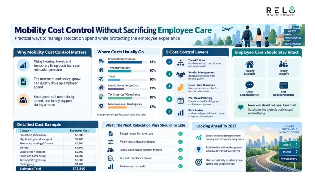 Mobility cost control infographic showing relocation costs, employee care, planning levers, and 2027 priorities.