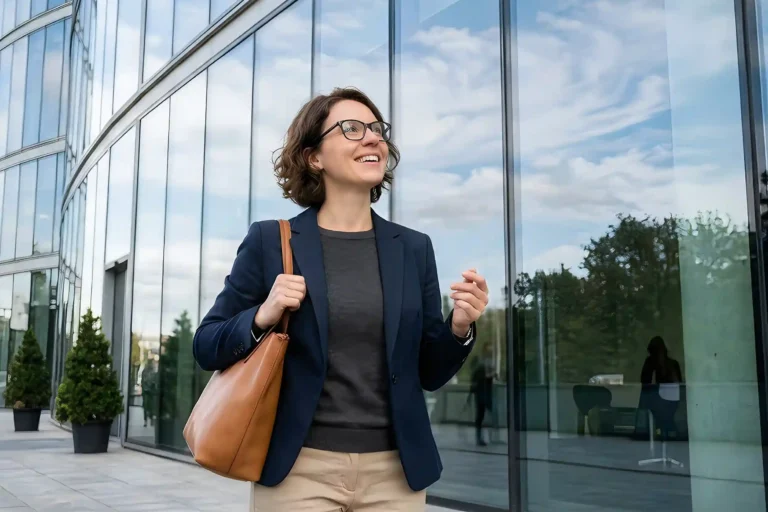 Professional woman carrying a shoulder bag outside a modern office building, representing employee relocation and career mobility.
