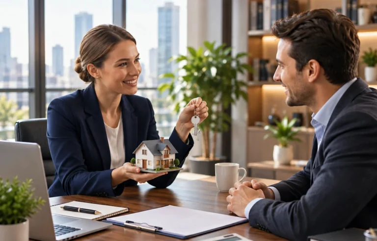 Real estate agent presenting house keys and a model home to a relocating employee during a mortgage lock-in relocation meeting.
