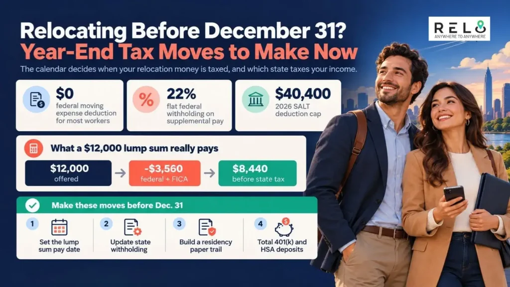 Relocation tax planning year-end infographic with 2026 tax facts, a $12,000 lump sum example, and checklist.