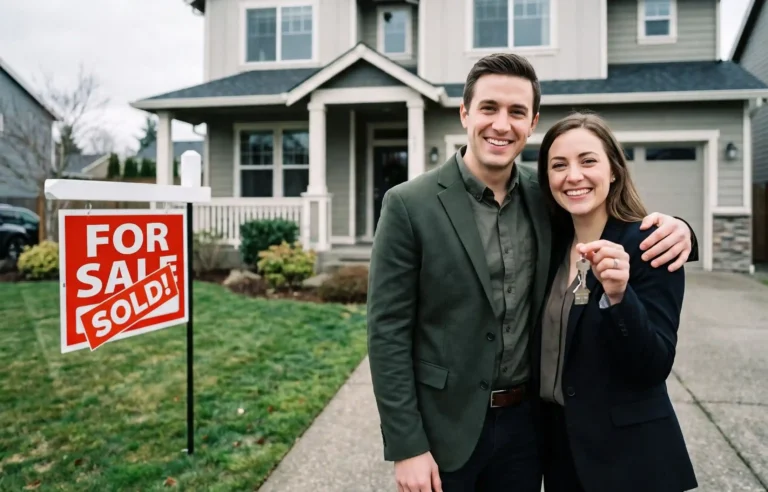 Smiling couple holding house keys beside a Sold sign in front of their home.