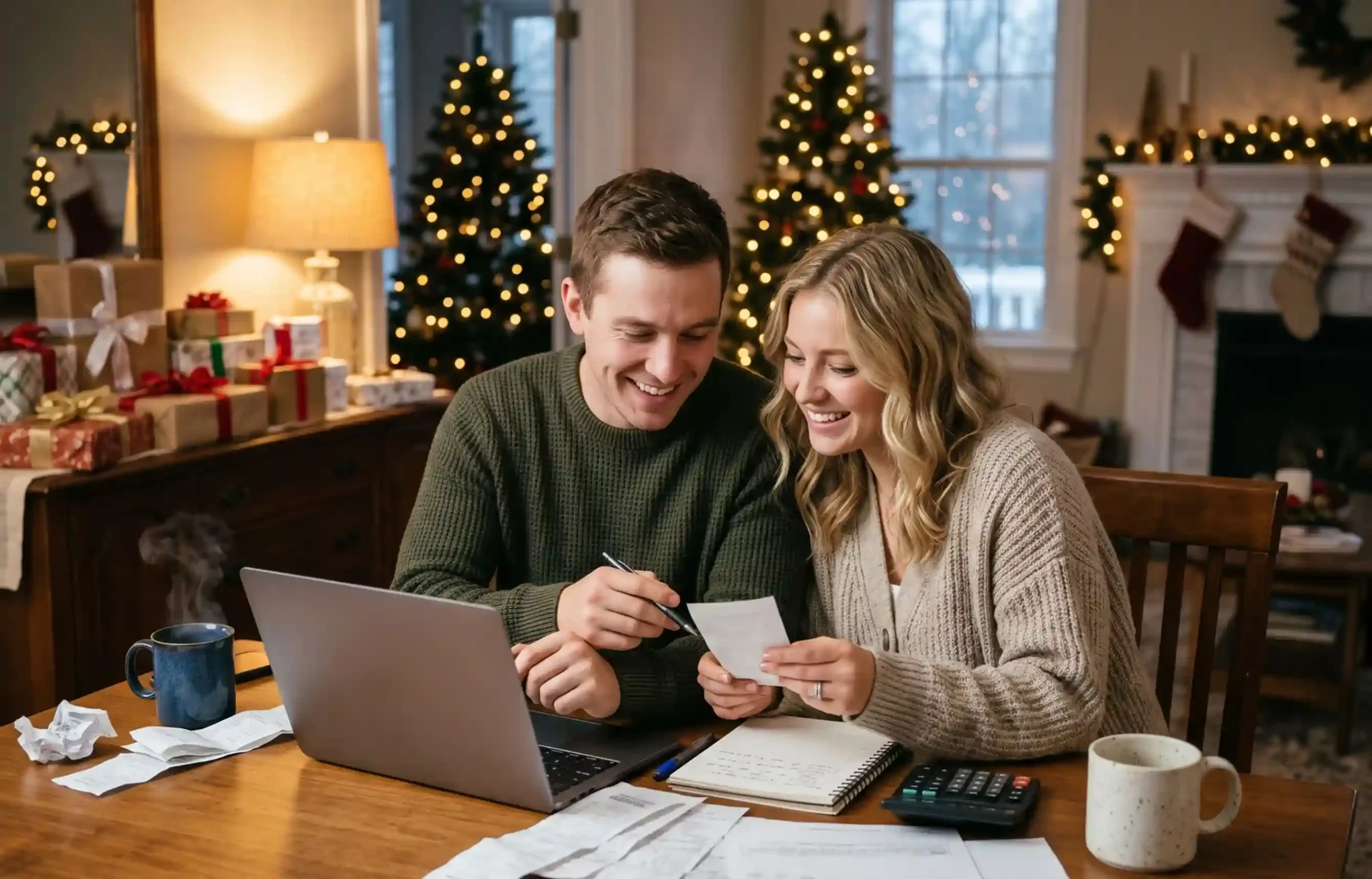 Smiling couple reviewing year-end finances, receipts, and tax documents together at home during the holiday season.