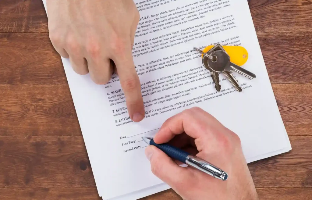 Tenant signing a rental agreement beside apartment keys during the rental approval timeline.