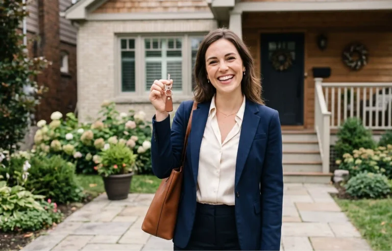 Woman holding house keys outside her new home after relocating.