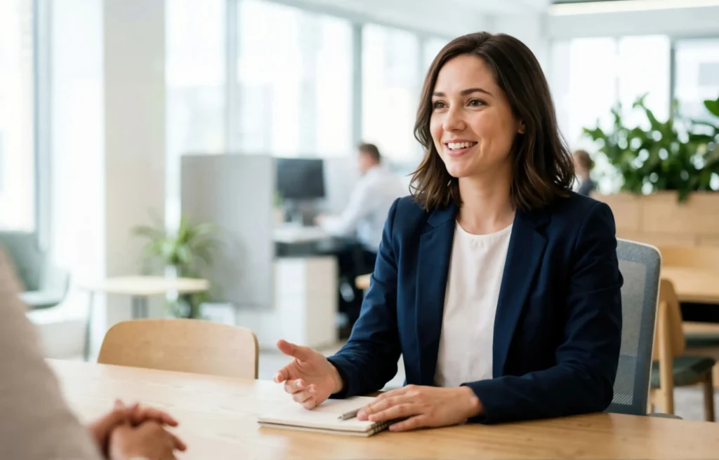 Young professional woman smiling during an office interview, illustrating do companies pay for interview travel.