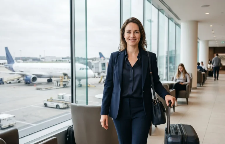 Young professional woman with luggage standing in a modern airport lounge.